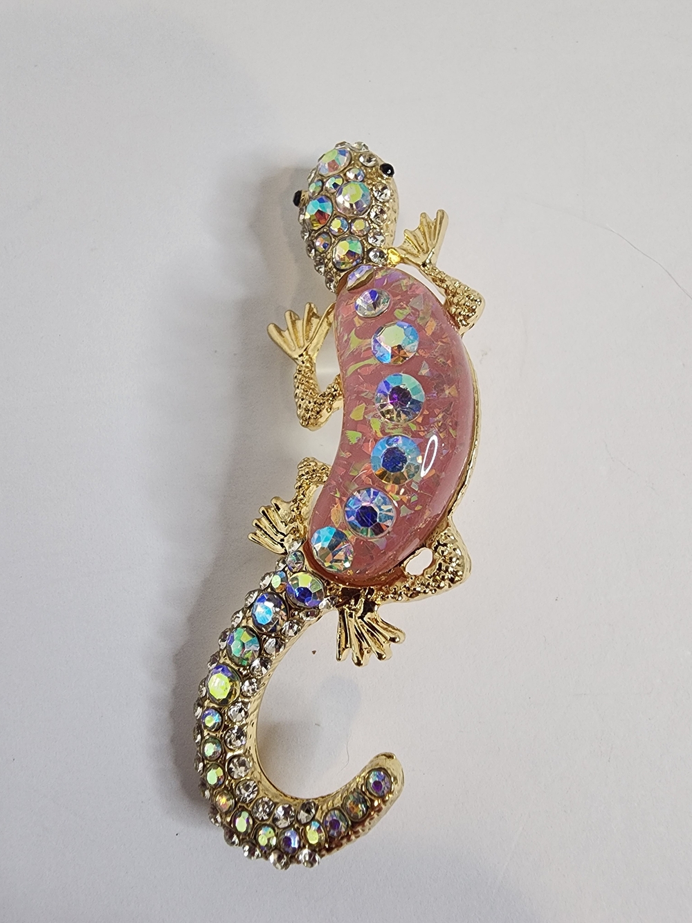 Gold & Pink Jeweled Gecko Brooch - Sparkling Accent.  NWOT.  2.75" x 1"